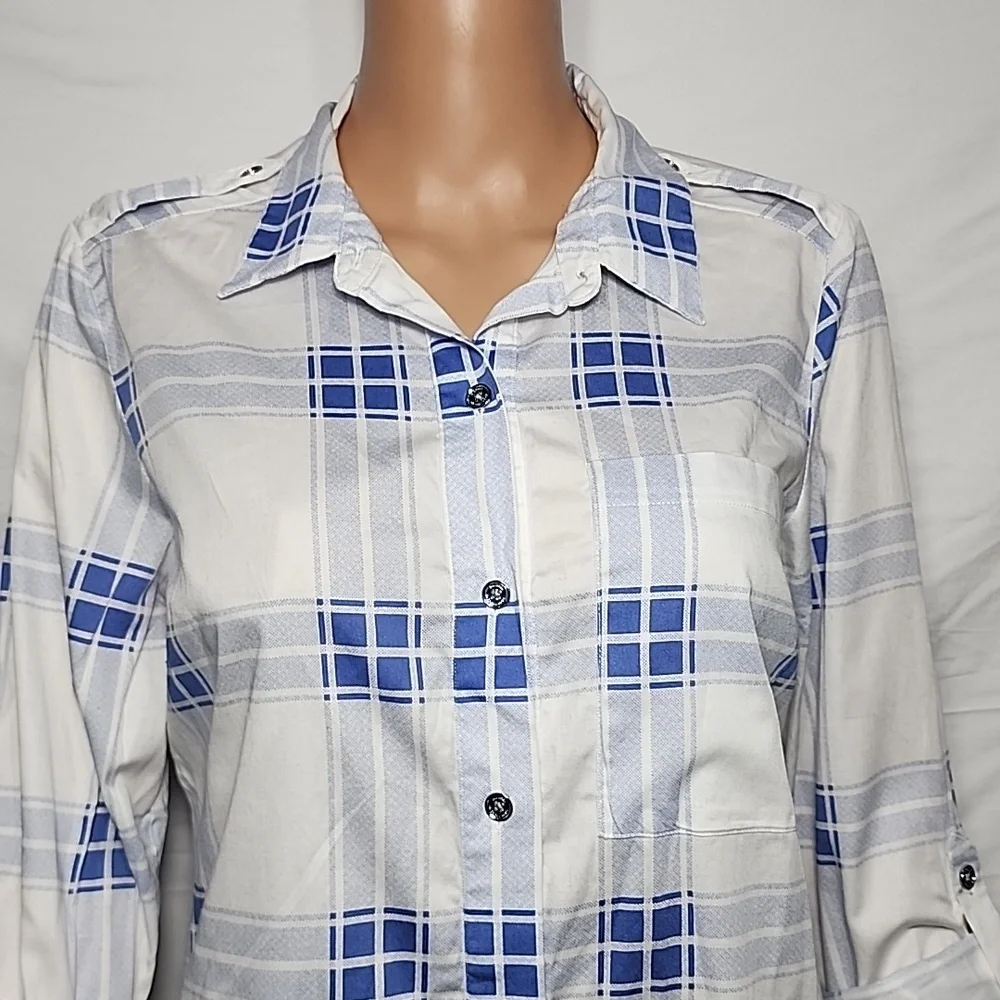 Michael Kors Women’s Button-Down Roll-up Sleeve Pleid Shirtdress blue/White Sz 8